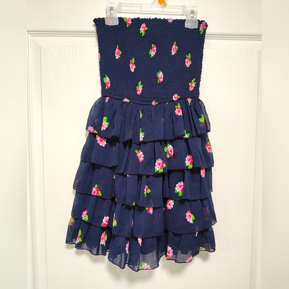 Abercrombie & Fitch Strapless Smocked and Ruffled Skirt Dress Navy Sz M - Picture 2 of 8